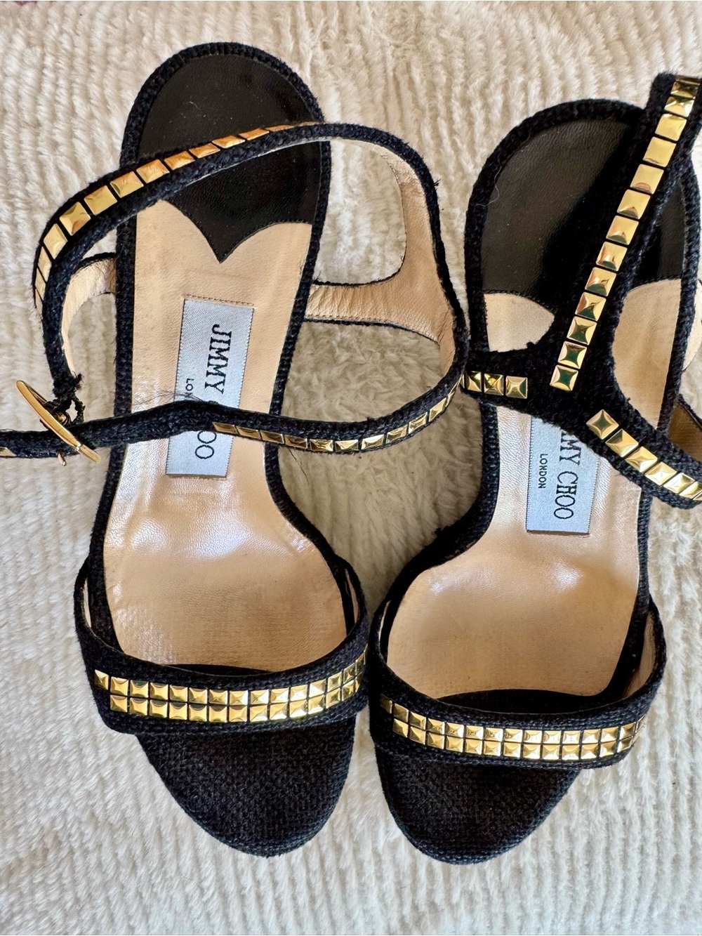 Jimmy Choo Black Sandals with Gold Pyramid Studs